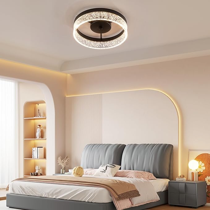 Jaycomey Modern LED Ceiling Light Fixture, 11.65" Black Flush Mount Kitchen Lighting with Clear Seeded Acrylic Lampshade,Round Ceiling Lamp Lights for Dining Room Foyer Hallway