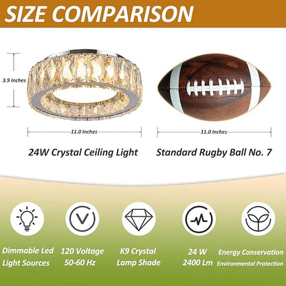 11 Inch Chrome Modern Luxury Crystal Flush Mount Ceiling Light Fixture,5CCT 3000K-6000K 24W,Round Small Dimmable Led Chandelier Hallway Lighting for Entryway,Kitchen,Bedroom,Laundry Room