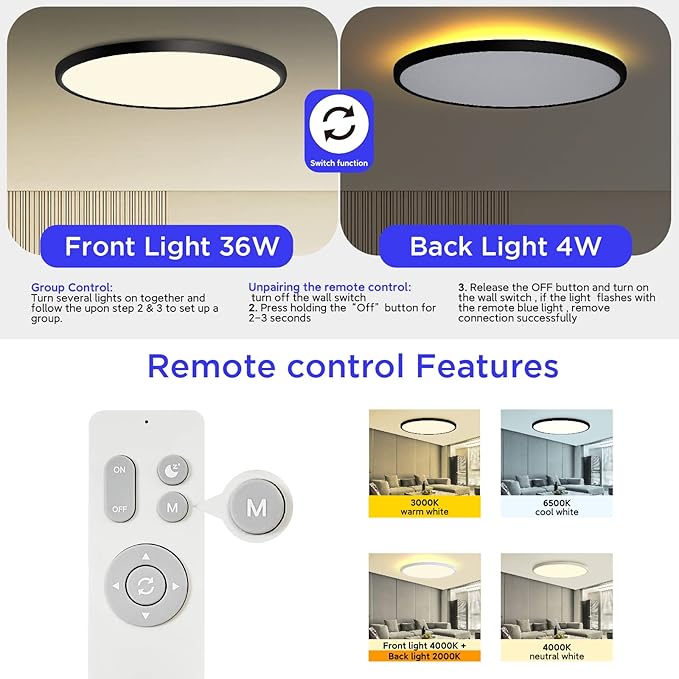 ocioc 18inch Ceiling Light with Remote Control, 40W LED Flush Mount Light Fixture with 2000K Backlight, 3000K-6500K Light Changing, Brightness Adjustable Close to Ceiling Lights Fixture Black