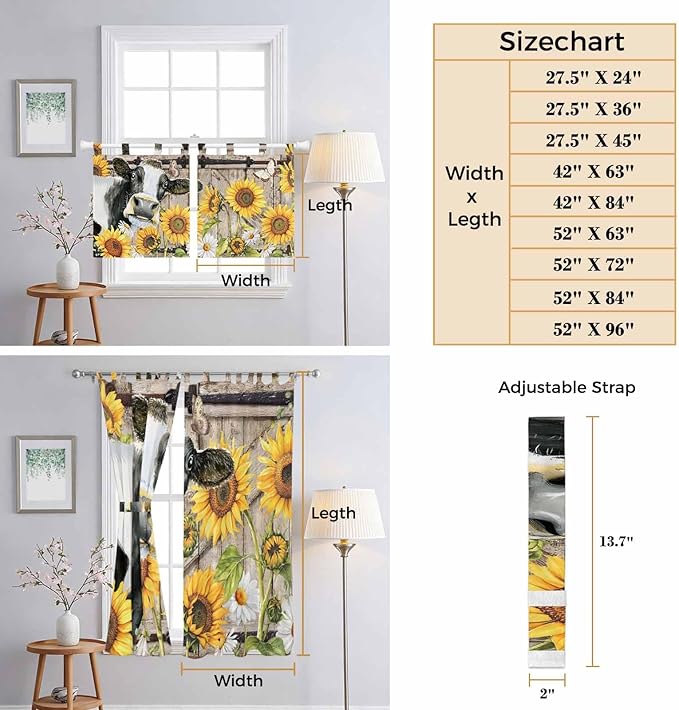 Retro Farmhouse Flower Bedroom Curtains 72 Inch Length, Window Curtains Tab Top, Yellow Sunflowers Cow Barn Doors Brown Light Filtering Window Treatments Drapes 52"x72" 2 Panel