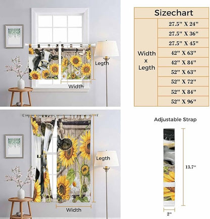 Retro Farmhouse Flower Bedroom Curtains 72 Inch Length, Window Curtains Tab Top, Yellow Sunflowers Cow Barn Doors Brown Light Filtering Window Treatments Drapes 52"x72" 2 Panel