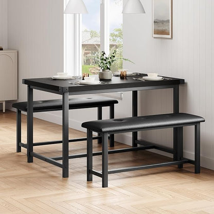 Dining Table Set for 4, Dining Room Table Set with 2 Upholstered Benches, Small Kitchen Table Set, 3 Piece Farmhouse Rectangular Dining Room Table Set, Space Saving Dining Table for Apartment