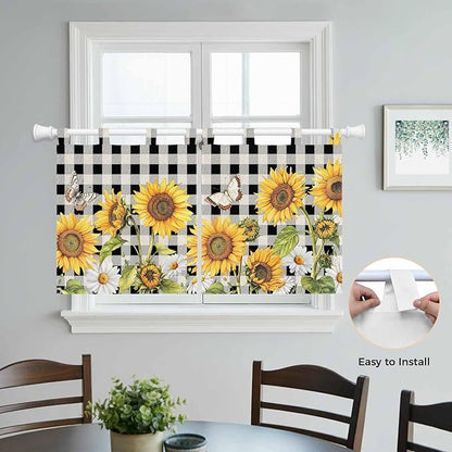 Sunflowers Kitchen Curtains 36 Inch Length, Small Window Curtains Tab Top, Yellow Flowers Butterfly Farmhouse Black Plaid Light Filtering Short Window Treatments Tier Drapes 27.5"x36" 2 Panel