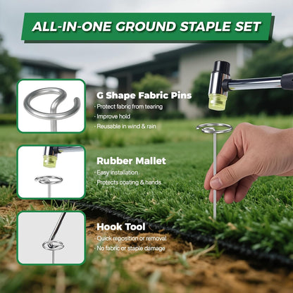 Landscaple Fabric Staples, 30pcs Galvanized G Shape Fabric Pins +30pcs U Shape Garden Staples Pins with Staples Remover Rubber Mallet, Ground Stakes Lawn Stples for Weed Barrier Sod Turf Outdoor Decor