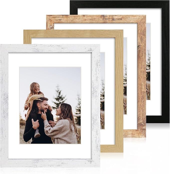 11x14 Picture Frame Set of 4, High Definition Tempered Glass 11 x 14 Frames Display 8x10 Pictures with Mat, Mixed Color Wood Photo Frame Wall Mounting