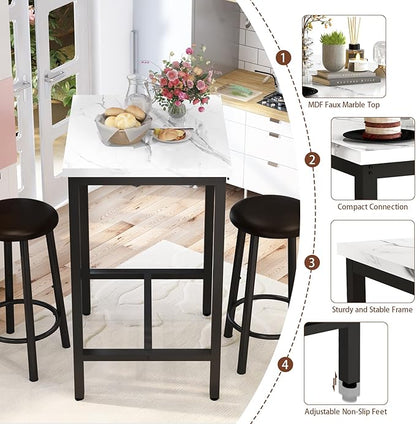 Dining Table Set, 23.6” Square Faux Marble Table with 2 PU Upholstered Backrest Chairs, 3-Piece Kitchen Dining Room Set for Small Spaces, Kitchen, Restaurant Furniture, White