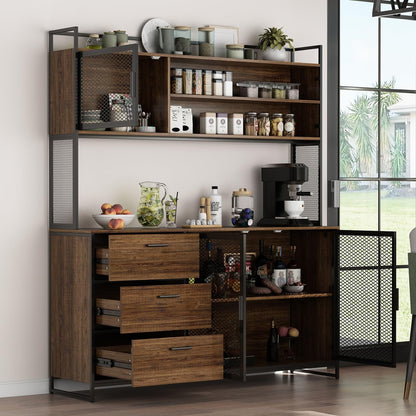 AIEGLE Large Kitchen Hutch Storage Cabinet, Pantry Cabinets with Hutch, Metal Frame Cupboard with Mesh Door, Drawer & Microwave Shelf, Freestanding Kitchen Storage, Brown (59" W x 15.7" D x 68.5" H)