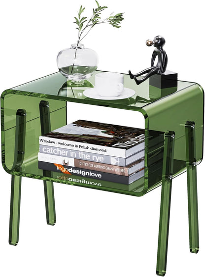 Acrylic Side Table, 2-Tier End Table with Open Storage for Small Spaces, Clear Nightstand Bedside Table with for Bedroom, Living Room (Green, 16.9" × 11.8“ × 17”)