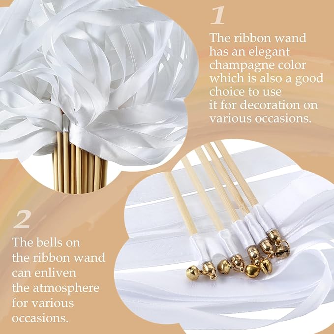 Boao 40 Pieces Mixed Color Ribbon Sticks with Bell, Ribbon Sticks for Stick Party, Streamers for Wedding Birthday Party Celebration Baby Shower Favors(White)