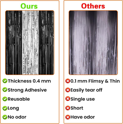 PIGETALE, 2 Pack 3.2 x 8.2 ft Black and Silver Foil Fringe Curtains Party Decorations, Sparkle Tinsel Curtain Photo Backdrop for Birthday Wedding Graduation Stream