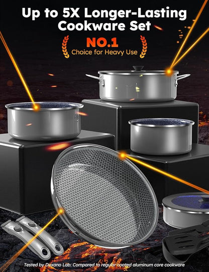 Pro DUXANO 12PC Hybrid 3-Ply Stainless Steel Skillet&Nonstick Pots and Pans Set, High Heat Sear&Fry, 2-Layer Ceramic Induction Cookware, 9H Scratch-Resistant&Anti-Warp,PFAS Free,All Cooktop/Dishwasher