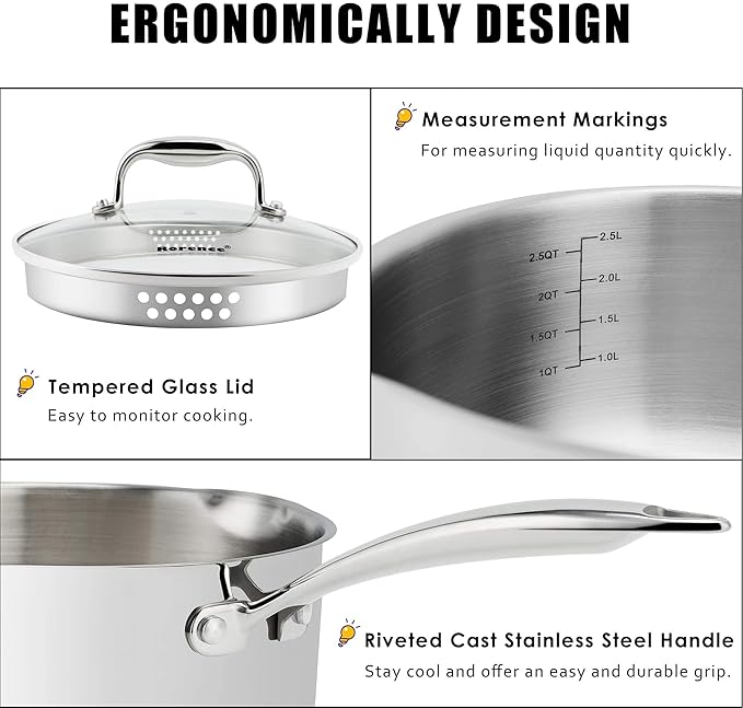 Rorence 3-Quart Saucepan with Lid: Pour and Strain Stainless Steel Sauce Pan with Pour Spouts, Capsule Bottom & Tempered Glass Lid