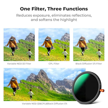 K&F CONCEPT 82mm Black Diffusion Mist Effect 1/4 & Variable ND2-32(1-5 Stops) & Circular Polarizing Filter CPL-in 1 Lens Filter with 18 Multi-Coatings for Camera Lenses (K-Series)