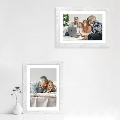 10x14 Picture Frame Set of 4 with Tempered Glass, Distressed White Frame Display 8x12 Picture with Mat or 10 x 14 Without Mat, Wood Rustic Photo Frames for Horizontal or Vertical Wall Mounting