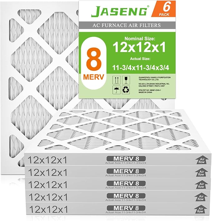 12x12x1 AC Furnace Air Filters,(6-Pack) MERV 8 Dust Defense, JASENG MPR 600 Pleated HVAC Replacement Air Filter (exact dimensions: 11 3/4"x11 3/4"x3/4")