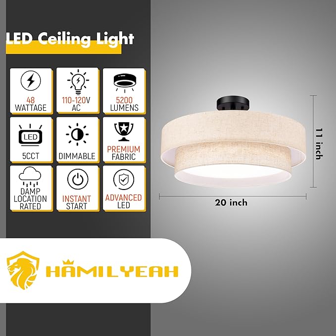 Hamilyeah 20 Inch Semi Flush Mount Round Ceiling Light Fixture, 48W LED With Fabric Shade, Dimmable Drum Double Layer 5CCT for Living Room, Office