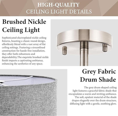 3-Light Semi Flush Mount Ceiling Light Fixture, 13" Modern Drum Light with Grey Fabric Shade, Close to Ceiling Lighting Hanging Lamps for Bedroom Living Room Dining Room Kitchen Hallway