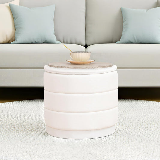 15.4" Round Velvet Storage Ottoman with Reversible Lid, Upholstered Circular Ottoman Footrest with Hidden Storage, Foldable Padded Footstool for Dorm Living Room & Bedroom, White