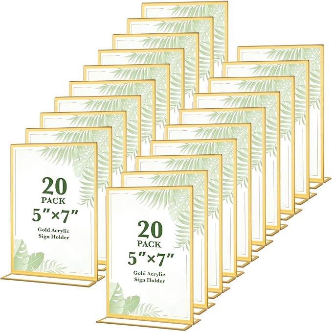 20 Pack Gold Acrylic Sign Holders 5x7 Inch, Double Sided Vertical Stand Clear Picture Frames, Table Menu Display Holders for Wedding Table Numbers, Restaurant Signs, Event and Office Photos