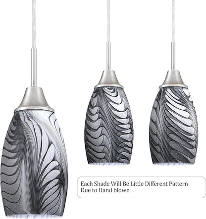 Mini Glass Pendant Light 4.72" with Handblown Black Gray Marble Art Glass Hanging Light 3-Pack Oval Ceiling Hanging Light Fixture for Dining Room Kitchen Island Cafe Foyer Hallway