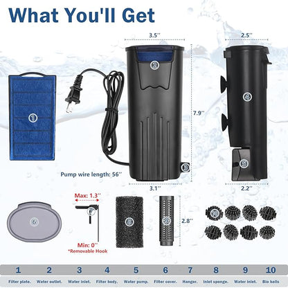 Turtle Tank Filter Aquarium Internal Filter for 3 to 20 Gallon Fish Tank, Bio-filtration Low Water Level Small Power Canister Filter, Frog Shrimp Newt Betta Water Clean, Hang On Back Waterfall Quiet