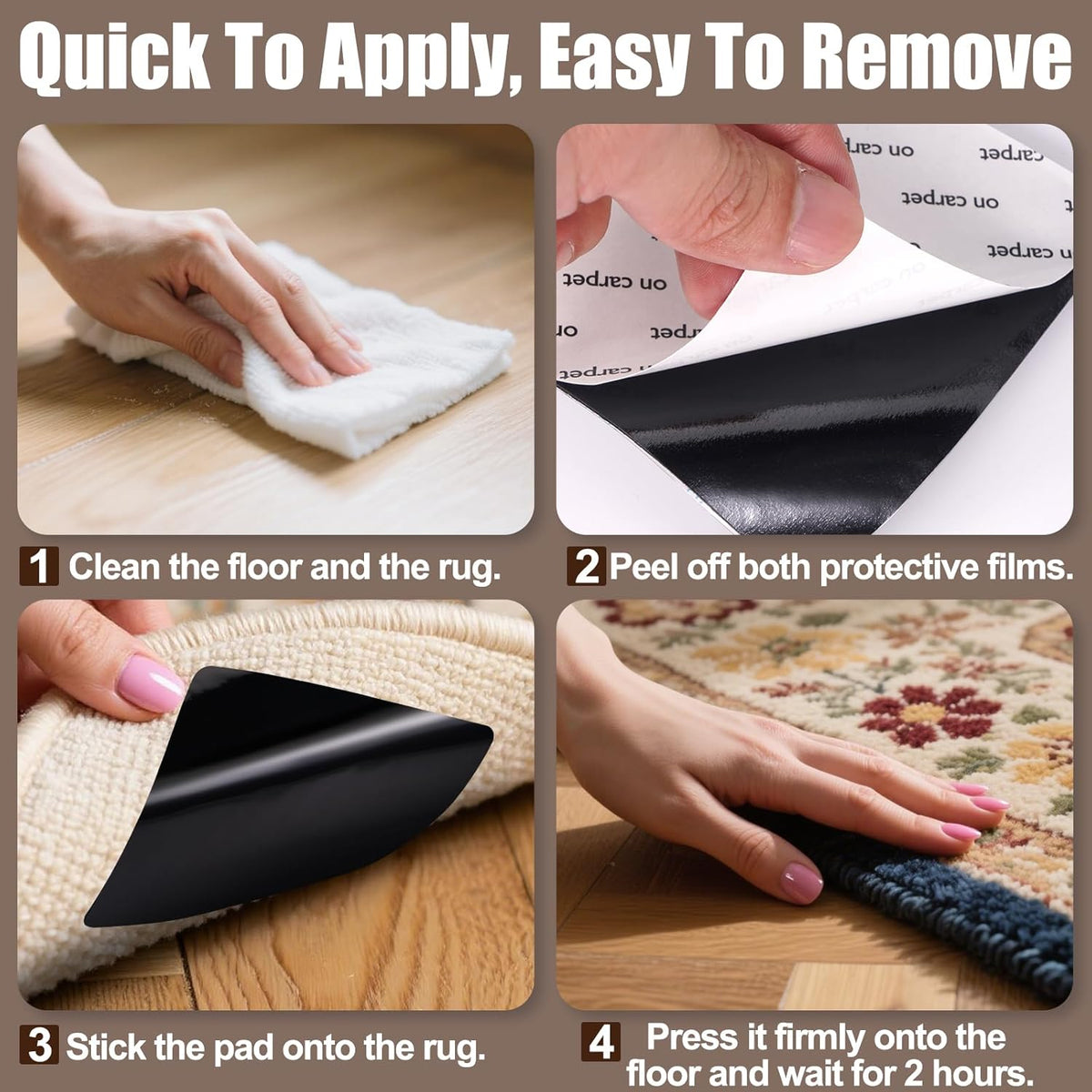 Premium Rug Grippers & Carpet Tape – 8PCS Square Anti-Slip Pads for Area Rugs, 3.9 Inch, Prevent Curling & Sliding, Ideal for Hardwood, Tile, Marble, and Laminate Floors