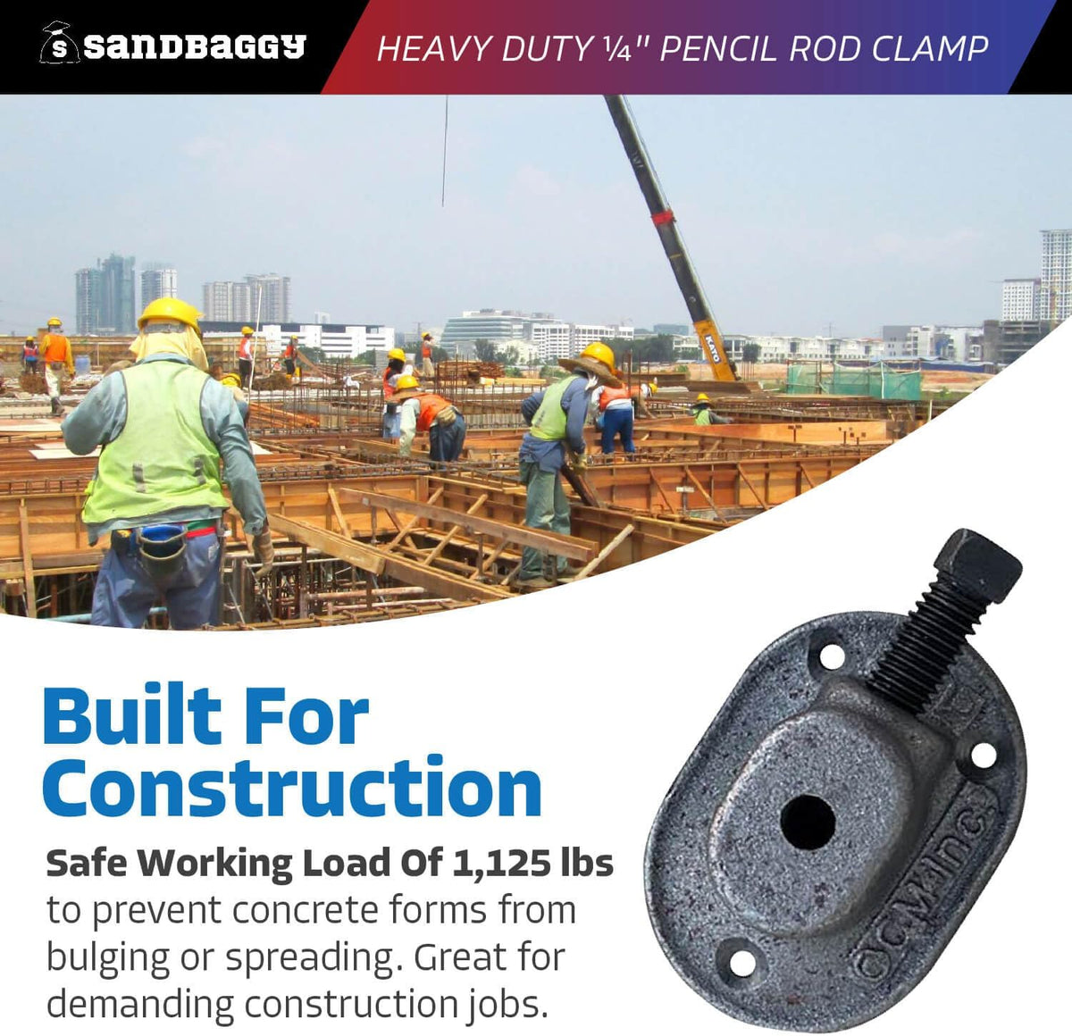 Sandbaggy Heavy Duty 1/4" Pencil Rod Clamp - Reusable Concrete Formwork Clamps - Cast Malleable Iron - Construction Grade Strength & Safety (Heavy Duty, 10, Count)