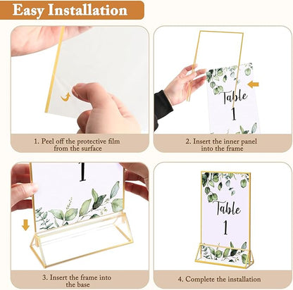 Floroom 24 Pack 5x7 Inch Clear Acrylic Sign Holders, Double-Sided Gold Display Stand Picture Frames for Table Numbers, Menus, Flyers, Weddings, and Offices