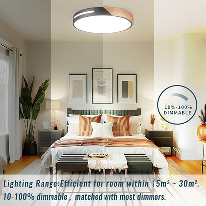 Wood Ceiling Light Flush Mount LED 36W, 16 inch Flush Mount Black, Kitchen Light Fixtures Ceiling Mount, Dimmable Close to Ceiling Light for Bedroom, Living Room, Bathroom