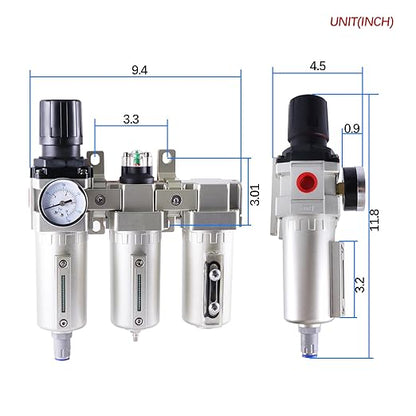 1/2 Inch NPT Industrial Grade Three Stage Air Drying System, Particulate Filter, Coalescing Filter, Desiccant Dryer and Air Regulator, 0-240 PSI, Auto Drain