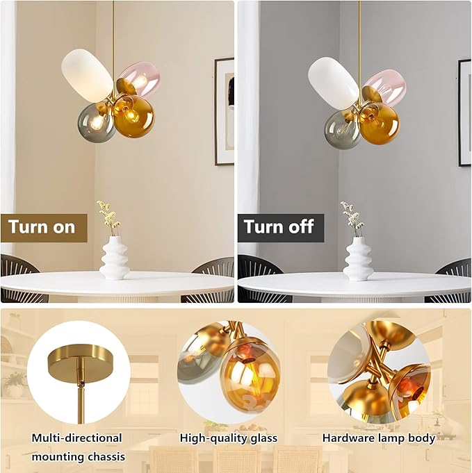 KCO Lighting Modern Colorful Pendant Light Gold Globe Pendant Lighting Stained Glass Balloon Chandelier Light Fixture Colored Glass Pendant Lights Kitchen Island for Kids Room