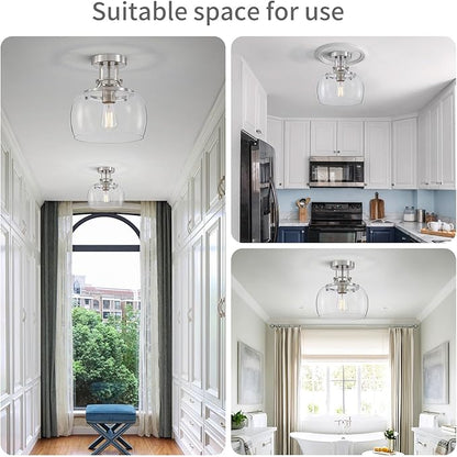 WUZUPS Chandelier Rustic Farmhouse Industrial Round Semi-flushmount Ceiling LED Light Fixture with Clear Glass Shades for Bathroom Kitchen Foyer Entryway, H 10" x W 10", E26 Base, Brushed Nickel