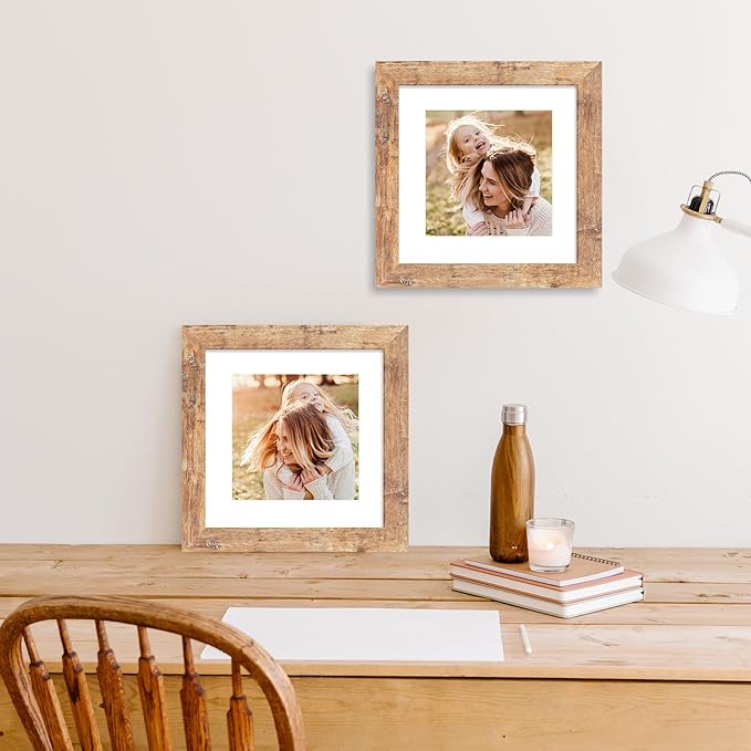 8x8 Picture Frame Set of 4 with HD Glass, Display 6x6 Pictures with Mat or 8 x 8 Without Mat, Square Wood Photo Frame for Wall Mount and Tabletop Display
