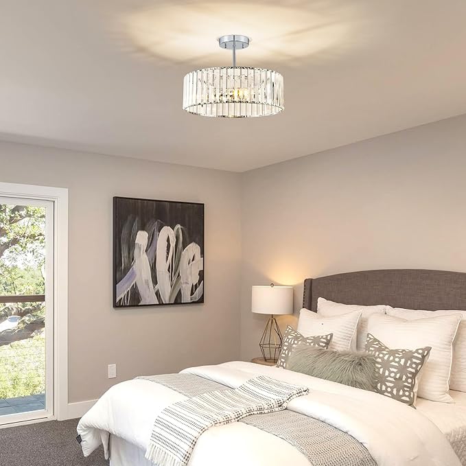 Crystal Chrome Ceiling Light, Modern Semi Flush Mount Ceiling Lighting Fixture, Round Hallway Lighting Fixtures Chandelier for Kitchen Entryway Bedroom Dining Room, 3-Light, 15.7 Inch