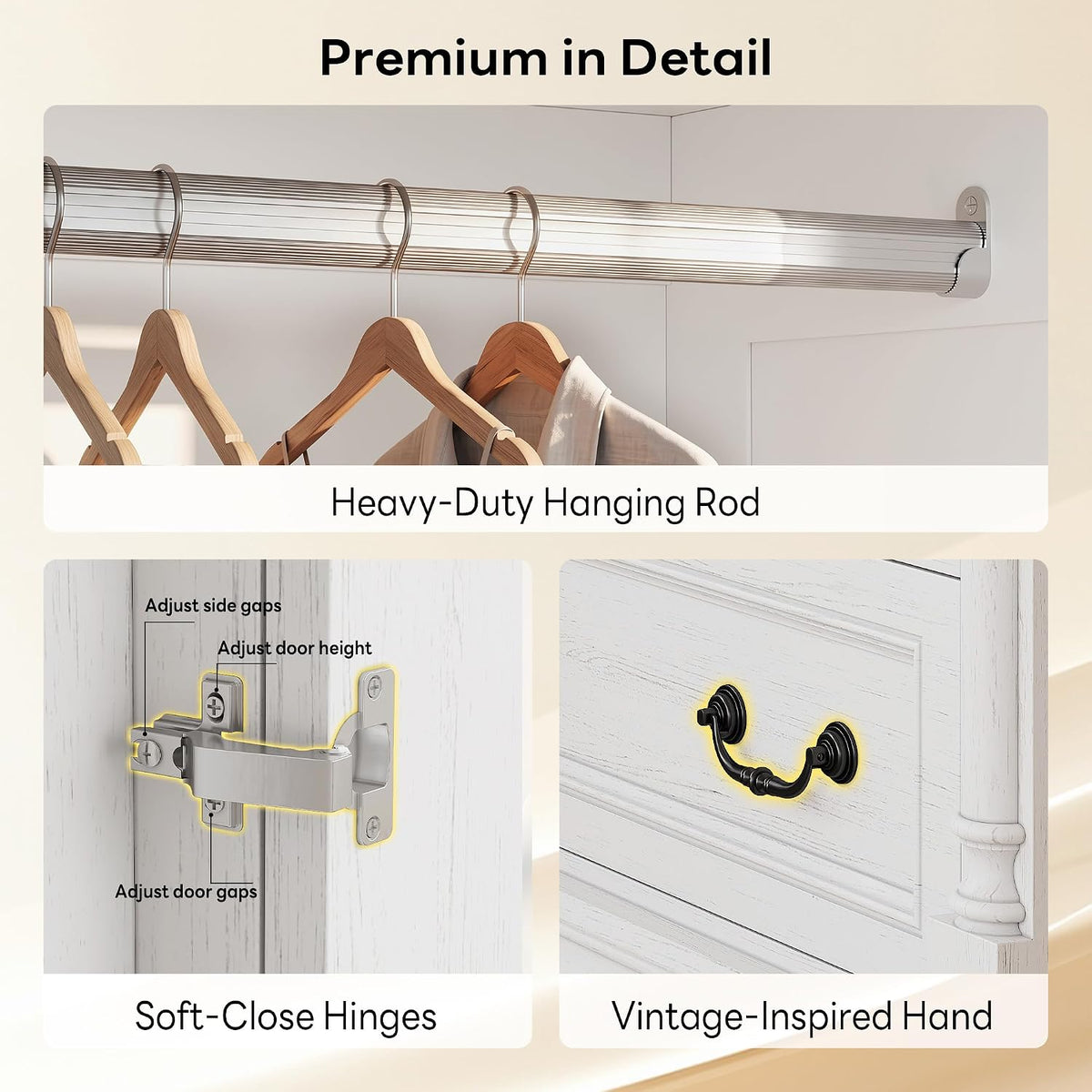 LIKIMIO Armoire Wardrobe Closet 70" with 2 Drawers for Bedroom, White | Farmhouse Wardrobe with Roman Column Doors, Hanging Rod and Side Hooks for Clothing Storage and Organization in Bedrooms