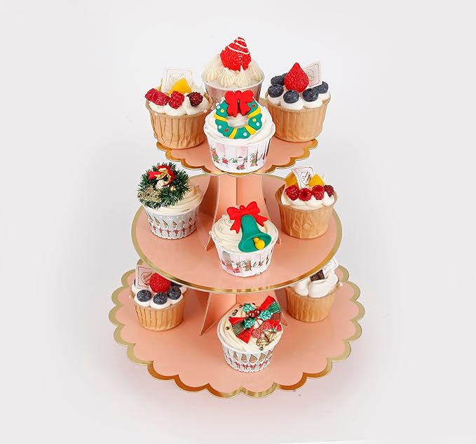 3-Tier Cupcake Stand, Pink Cake Stand Holder, Lace Tiered DIY Cupcake Stand Tower for Dessert Table Displays, Birthday Theme Party Favors Decoration, Floral Tea Party, 12" W x 12.8" H