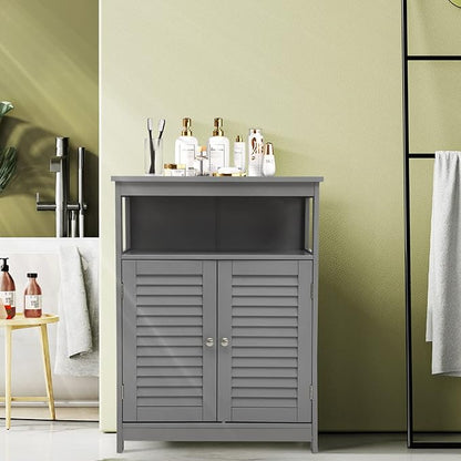 GLACER Bathroom Floor Cabinet, Wooden Storage Cabinet with Double Shutter Doors & 3-Position Adjustable Shelf, Side Storage Organizer Cabinet, 23.5 x 12 x 31.5 inches (Grey)