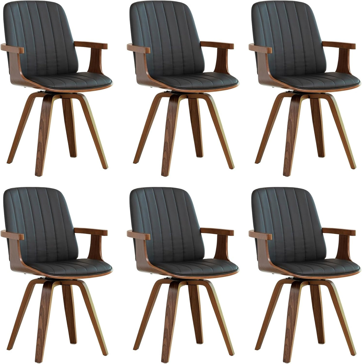 WUPOTO Swivel Dining Chairs, Set of 6 Kitchen Swivel Chairs with Walnut Craftsmanship, Upholstered Faux Leather, Wooden Arms and Legs, Walnut Dining Chairs for Kitchen/Living Room - Black