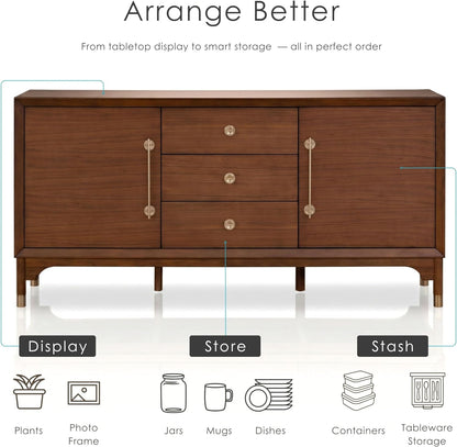 Furniture of America Forma Mid-Century Modern 69-inch Solid Wood Sideboard Buffet Cabinet with 2 Storage Compartments, 6 Shelves and 3 Drawers for Living Room, Dining Room, Office, Walnut