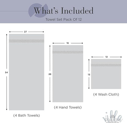 100% Cotton Bath Towel Set of 12-4 Bath Towels, 4 Hand Towels, 4 Wash Cloths, Sustainable, Soft, Highly Absorbent, Combed Cotton 12 Piece Set for Hotels, Spa, Bathroom, Dorm, Navy Blue