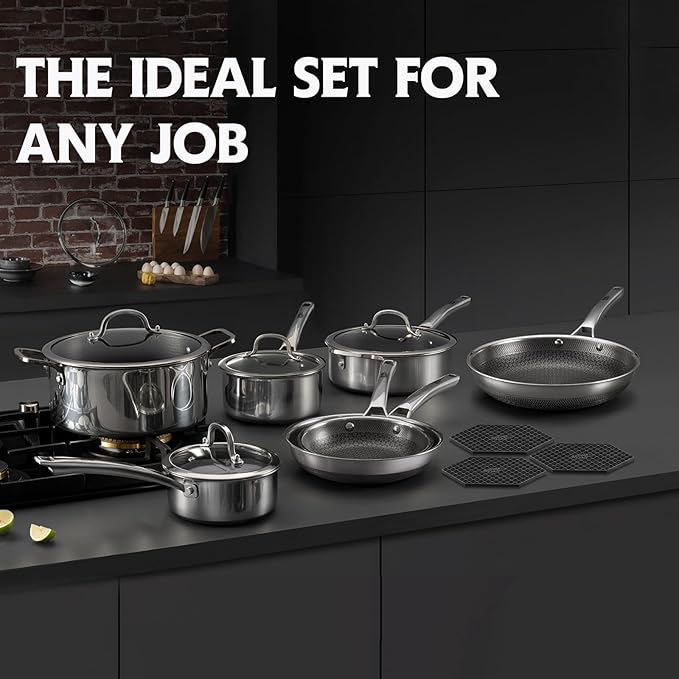 SNOWCLAD Pots and Pans Set Non Stick, 14 Pcs Hybrid Stainless Steel Cookware Sets, Non Stick Frying Pans, Saucepans, Saute Pan & Stock Pot, PFOA Free Kitchen Skillet,Induction Compatible