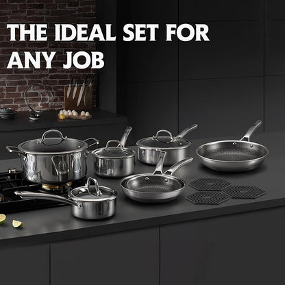 SNOWCLAD Pots and Pans Set Non Stick, 14 Pcs Hybrid Stainless Steel Cookware Sets, Non Stick Frying Pans, Saucepans, Saute Pan & Stock Pot, PFOA Free Kitchen Skillet,Induction Compatible