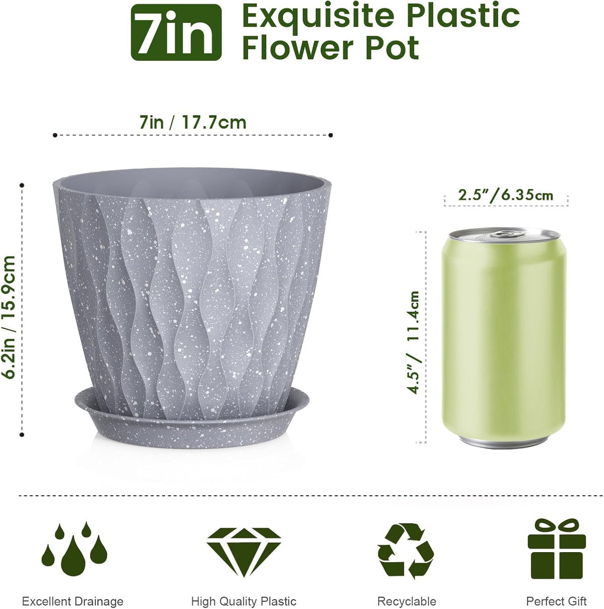 7 inch Plant Pots for Indoor Outdoor Plants, 5 Pack Thick Flower Pots with Drainage Holes and Saucers, 3D Modern Wave Texture Plastic Planter Nursery Pots, Speckled Grey