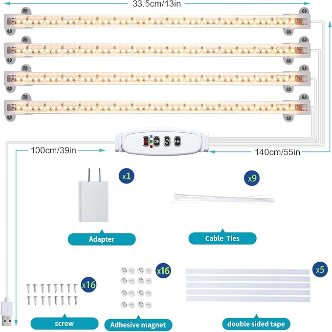 LED Grow Light Strips for Indoor Plants Full Spectrum 3500K, 192 LEDs Plant Light Bar with 3/9/12H Timer, 10 Dimmable Levels for Seedling Succulent, 13 Inches, 4 Head