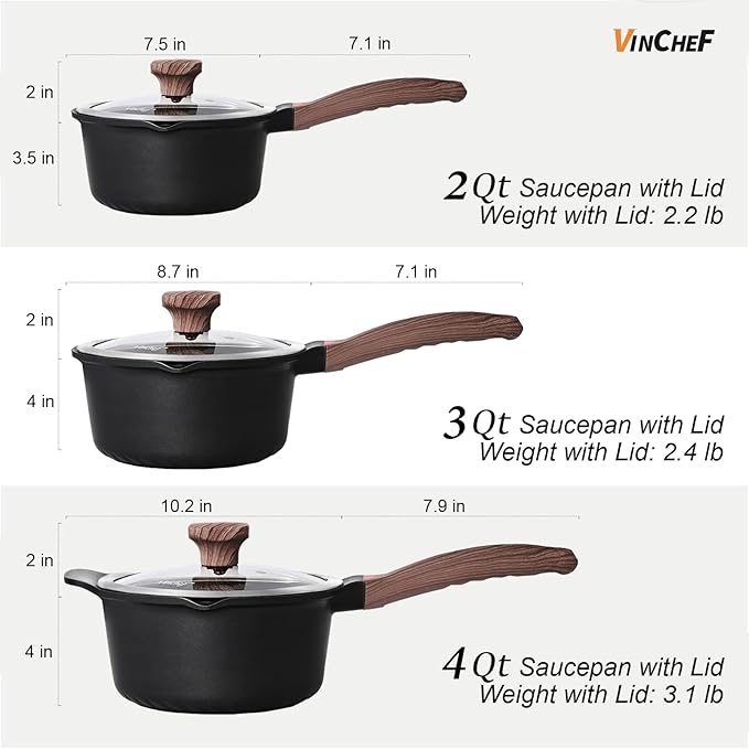 VINCHEF Sauce Pan Set with Lid 10PCS, 2QT+3QT+4QT Non Stick Sauce Pots Cooking Induction Pot set, Silicone Tools and Pot Protectors, PFAS and PFOA Free Black