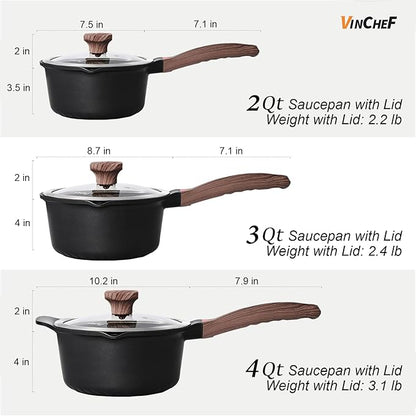 VINCHEF Sauce Pan Set with Lid 10PCS, 2QT+3QT+4QT Non Stick Sauce Pots Cooking Induction Pot set, Silicone Tools and Pot Protectors, PFAS and PFOA Free Black