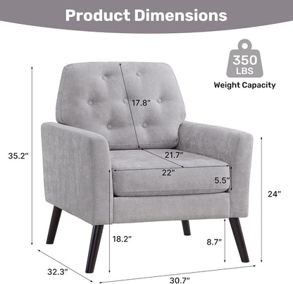 Accent Chair Set of 2, Mid Century Modern Living Room Chairs, Upholstered Armchair with Tufted Back & Wood Legs, Single Sofa Reading Side Chair for Bedroom Office Waiting Room, Light Grey