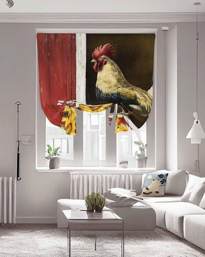 Tie Up Curtains for Windows, Chicken Sunflowers Adjustable Balloon Nature Linen Textured Kitchen Curtain, Farmhouse Animals Red Barn Bees Decorative Tie Up Curtain for Window, 52" x 45"