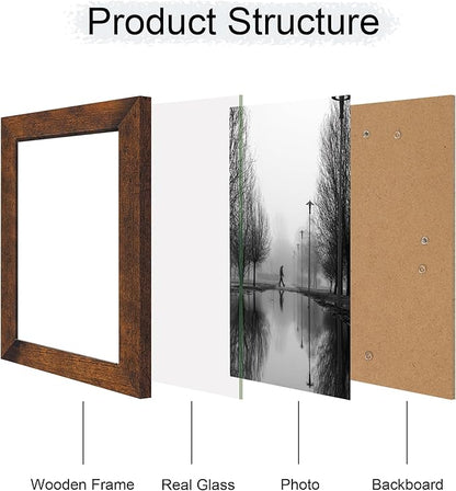 6x9 Picture Frame Set of 4, High Definition Real Glass Rustic Frame, 6 x 9 Wood Photo Frames for Tabletop Display and Wall Mounting