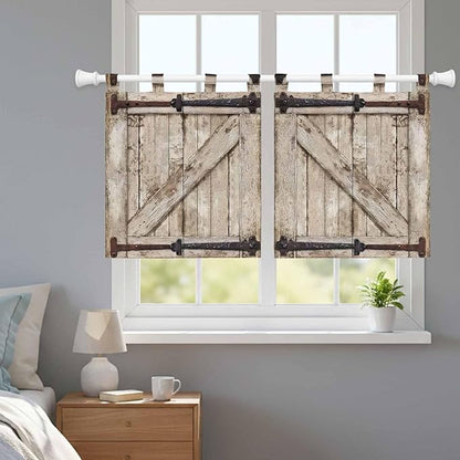 Farmhouse Wood Grain Kitchen Curtains 36 Inch Length, Small Window Curtains Tab Top, Vintage Country Barn Gate Brown Light Filtering Short Window Treatments Tier Drapes 27.5"x36" 2 Panel